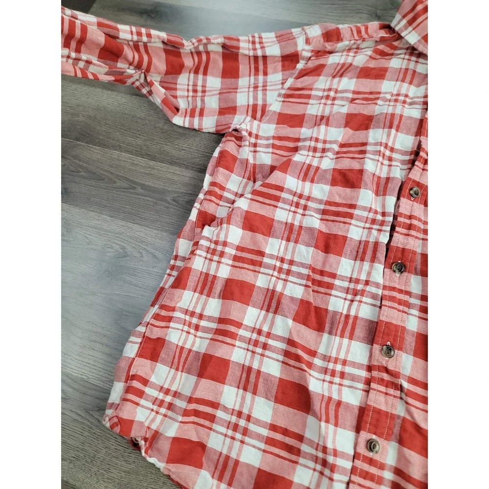 The North Face Linen Blend Button Down Shirt Large Red Plaid Collared Camp Mens